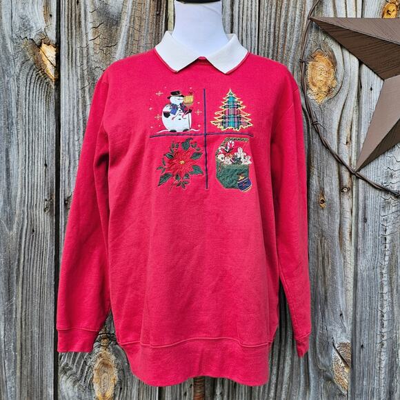 Red Christmas Collared Sweatshirt Size M Snowman Plaid Tree Poinsettia Holiday - Picture 2 of 12